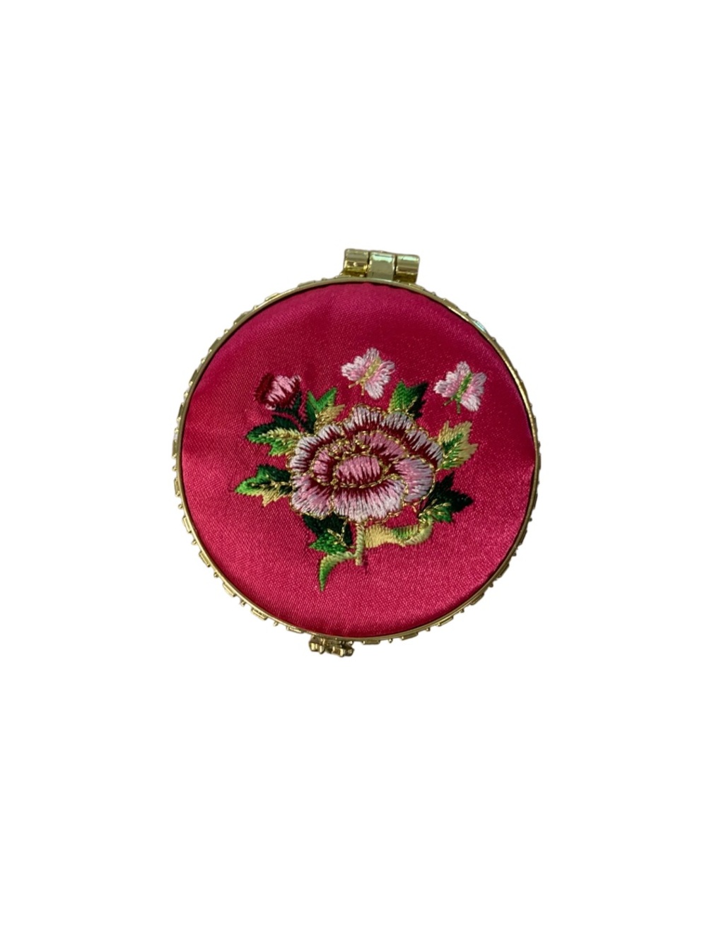 Pink Embroidered Satin Gold Tone Compact Double Mirror - New